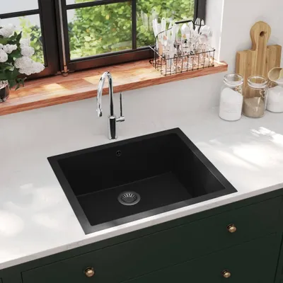Produktbild von vidaXL Küchenspüle mit Überlauf Schwarz Granit