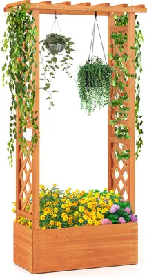 Produktbild von GOPLUS Hochbeet mit Rankgitter, Blumenkasten mit hängendem Dach & Ablauflöchern, Pflanzkasten Rankhilfe Pflanzkübel, Orange, 78 x 36 x 152 cm
