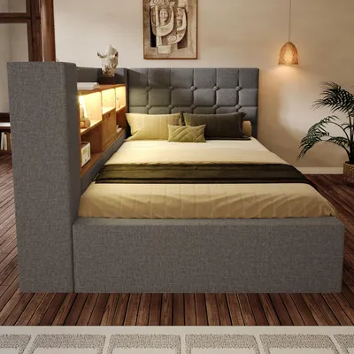 Produktbild von Flieks Hydraulisches Schlafsofa 90x190cm mit Stauraum, Polstebett mit USB, Jugendbett mit Led und offenen Staufächern, Einzelbett Leinen, Grau