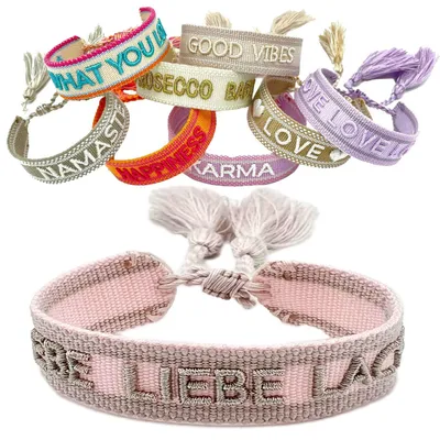 Produktbild von LS-LebenStil Canvas Statement Armband Lebe Liebe Lache Rosa besticktes Stoffarmband gewebt textiles Quasten Spruch Boho Geschenk Freundschaftsarmband
