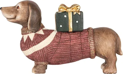 Produktbild von Clayre & Eef Weihnachtsdekorationsfigur Hund Dackel 47x14x28 cm Braun Rot Keramikmaterial