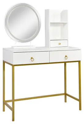 Image de MENZZO Coiffeuse moderne avec miroir rond lumineux Oracle L90cm Blanc et Or