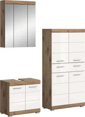 A set of bathroom furniture including a mirrored cabinet, a vanity unit, and a tall cabinet.