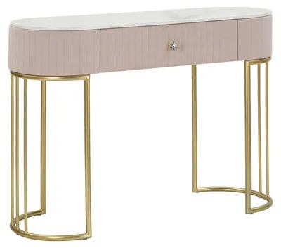 Produktbild von Montpellier Glam Pink Konsolentisch – Vergoldetes Metallgestell mit Marmorimitat-Platte und rosafarbenem Polsterstoff, 100 x 40 x 75 cm – Möbeldesign