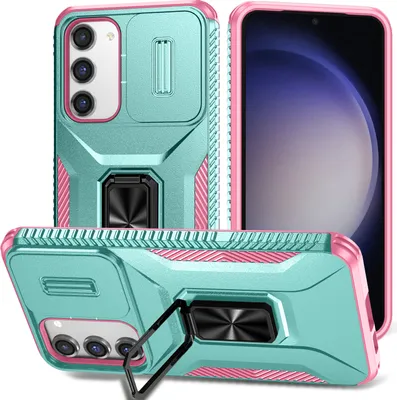 Produktbild von Handyhülle für Samsung Galaxy S23 Dual Layer Hülle mit Schiebe Kamera Schutz und Ringhalter Ständer Türkis