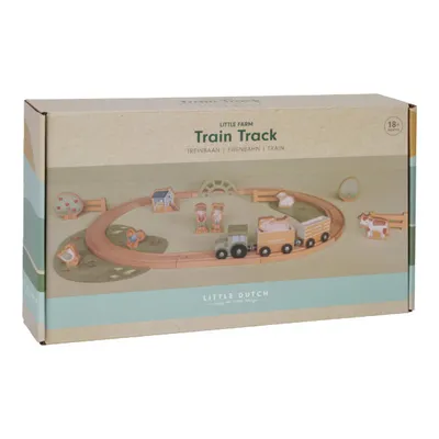 The image shows the packaging for a Little Dutch Little Farm train track set. The box displays a colorful illustration of the toy train set in action on a farm.