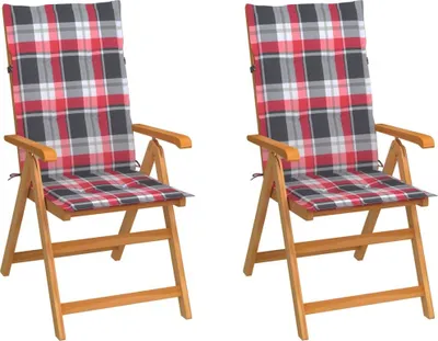 Produktbild von Gartenstühle 2 Stk. Rote Karomuster Kissen Massivholz Teak