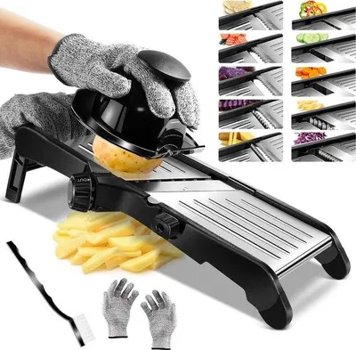 Produktbild von Famanu Mandoline Gemüseschneider, verstellbare Küchenreibe aus Edelstahl - mit Handschuhen und Reinigungsbürste