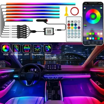 Immagine prodotto di Illuminazione interna per auto a LED, 6 in 1, luce ambientale RGB, 12V, strisce LED in acrilico, controllo tramite app, sincronizzazione con la musica