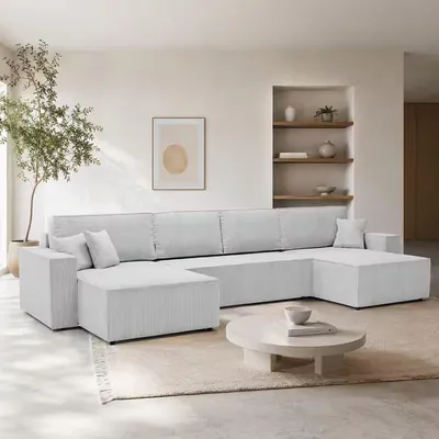 Produktbild von GOLDSTOFF Amalia U Sofa mit Schlaffunktion und Bettkasten | Cord Sofa U Form | Schlafsofa 330x147 cm für jedes Wohnzimmer (grau)