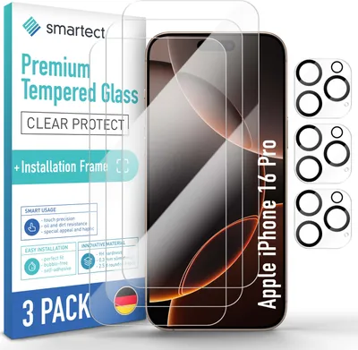 Produktbild von 3x Schutzglas Panzerfolie für iPhone 16 Pro Anbringhilfe + 3x Kameraschutz Glas
