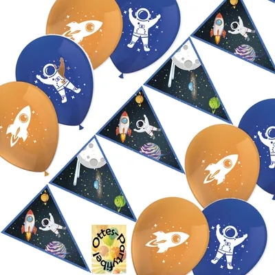 Produktbild von Space-Rocket-Weltraum-Rakete-Party-Deko-Set Wimpelkette + Luftballons