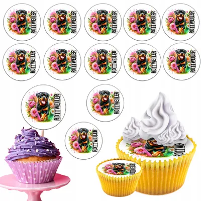 Zdjęcie produktu dla Opłatek Na Babeczki Muffinki Zestaw Na Urodziny 12Szt- Pies Rasa Rottweiler