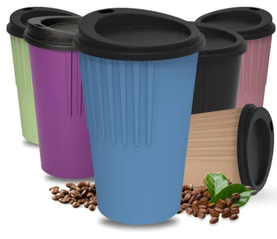 Zdjęcie produktu dla Kubek do kawy na wynos 300 ml - Kubek z pokrywką i karbowaną powierzchnią chroniącą przed przegrzaniem - Kubek do picia niezawierający BPA - Wyprodukowano w Niemczech - przytulny niebieski/czarny