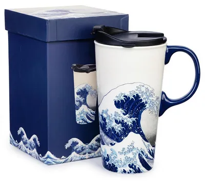 Produktbild von Keramiktasse mit Deckel 500 ml Wellenmotiv Blau