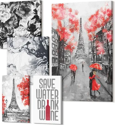 Produktbild von Leinwandbild Set 5-teilig – Modernes Wandbild – Polycanvas Kunstdruck – Abstrakte Bilder – Hochwertige Wandkunst – 2x 30x30 cm + 2x 20x30 cm + 1x 40x60 cm – Pariser Ansichten mit Blumen und abstrakten Mustern