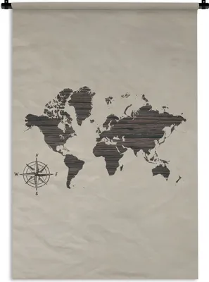 Produktbild von MuchoWow® Wandteppich Wandbehang Weltkarte - Holz - Kompass 120x180 cm Tapisserie Dekoration Wandtuch - Schlafzimmer - Dekorationen für das Haus