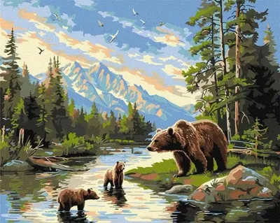 Image de Peinture par numéros - Une ourse et ses oursons - Ideyka