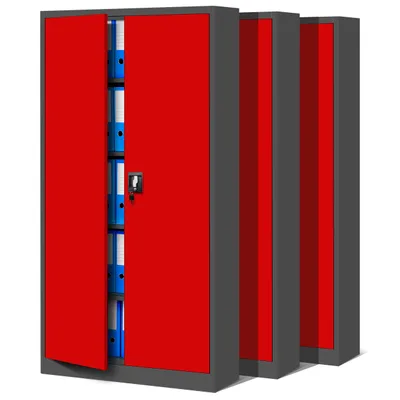 Produktbild von 3er Set Aktenschrank C001 Metallschrank Stahlschrank Werkzeugschrank Büroschrank Lagerschrank Universalschrank Pulverbeschichtung Flügeltüren 185 cm x 90 cm x 40 cm (anthrazit/rot)
