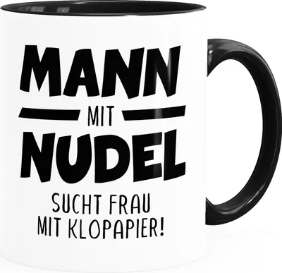 Produktbild von Kaffee-Tasse Spruch Mann mit Nudel sucht Frau mit Klopapier Virus Pandemie 2020 Parodie lustig hamstern bunkern MoonWorks® schwarz Keramik-Tasse
