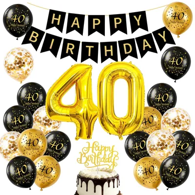 Image de Kit de décoration pour anniversaire, thème 40 ans. Comprend une banderole "Joyeux anniversaire", des ballons, des ballons à confettis et un décor pour gâteau, dans les tons noir et or