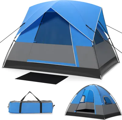 Produktbild von Costway, Kuppelzelt, ultraleicht, wasserdicht, 3 Personen, abnehmbarer Regenschutz, Fenster, Bodenplane, Laternenhaken, Fußmatte, Netz, Glasfasergestänge, PE, Polyester, Blau, Schwarz, 200 x 146 x 130 cm