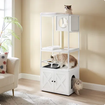 Produktbild von Feandrea Kratzbaum, mit Katzenklo-Schrank, erhöhter Napfständer, waschbare Kissen wolkenweiß