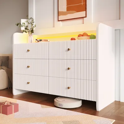 Produktbild von okwish Sideboard Aufbewahrungsschrank Beistellschrank，Kabinett mit LED-Beleuchtung，Wellenförmiges Design，6 Schubladen, Weiß