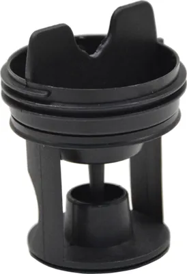 A black plastic pump filter for a washing machine.