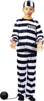 A child wearing a prisoner costume.