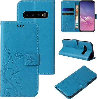 Produktbild von Handyhülle für Samsung Galaxy S10 Floral Blumen Schmetterling Flip Cover Hülle Case Klapphülle Handytasche Farbe: Blau