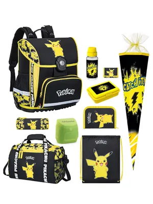 Produktbild von Gelber Pokemon Schulranzen mit Pikachu - Set 10-teilig mit Schultüte 85 cm - Pokémon Schultasche Ergonomisch, Leicht, Kompakt für 1. bis 4. Klasse