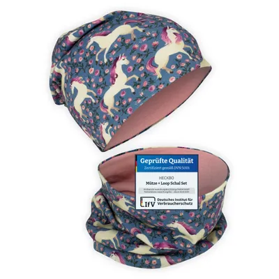 Produktbild von HECKBO Kinder Beanie Mütze & Schal Schlauchschal Set - Jersey innen Wendebar - Pferd - Mädchen Jungen Junge - 95% Baumwolle