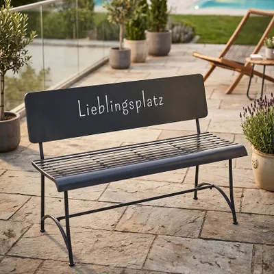 Produktbild von Gartenbank Metall Schwarz L115cm Lieblingsplatz Sitzbank Outdoor Metallbank mit Rückenlehne Gartenmöbel Modern Industrial