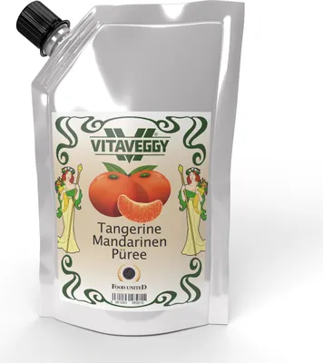 Produktbild von VITAVEGGY Früchte-Püree MANDARINE 1kg ohne Aroma- Farb- & Konservierungsmittel von Food-United, Mandarinenpüree geeignet für Obstbrei & Obsmus oder als Mandarinensaft Mandarinen-Smoothie oder für Desserts Sorbets Torten Kuchen, GVO-Frei Glutenfrei & 100%
