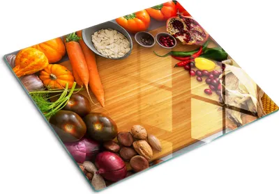 Produktbild von Tulup Glas Herdabdeckplatte Glaskeramikkochfeld-Abdeckung Spritzschutz Glasabdeckplatte Kochplattenabdeckung und Schneidebrett - Einteilig - 60x52 cm Herbstgemüse