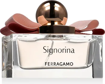 A close-up studio shot of a Salvatore Ferragamo Signorina perfume bottle.