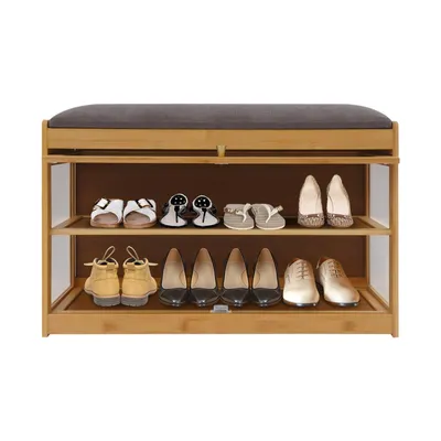 Image de banc à chaussures à 2 étages, étagère à chaussures rectangulaire Banc avec coussins, étagère à chaussures avec espace de rangement