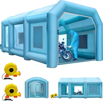 An inflatable spray booth with a person working on a motorcycle inside, along with separate images of blowers and smaller booths.