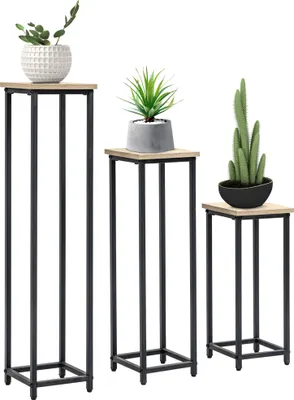 Three plant stands of varying heights, each holding a potted plant, are displayed against a white background.