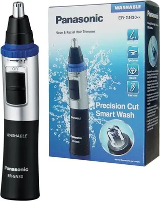 A Panasonic nose and facial hair trimmer is shown next to its packaging.