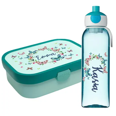 Produktbild von Lunchbox Set für Kinder Mädchen zur Schule Personalisiert mit Namen Brotdose Wasserflasche Trinkflasche BPA frei Essen für Unterwegs mit Gabel und Bento Fach To Go Butterflies [153]