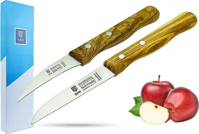 Produktbild von SMI Obstmesser Set - Solingen Schälmesser aus Olivenholz, Gebogen & Gerade, Gemüsemesser