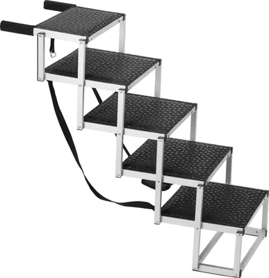 A five-step folding dog ramp made of aluminum with a black non-slip surface.