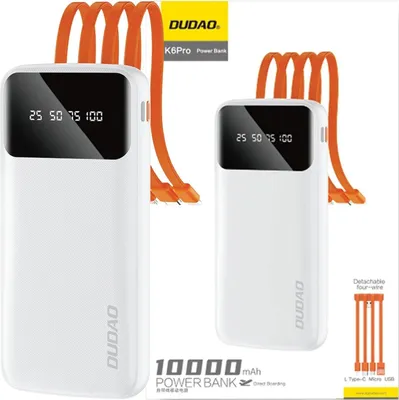 Immagine prodotto di Dudao K6Pro powerbank universale da 10000mAh con cavo USB, USB Tipo C, Lightning bianco (K6Pro-bianco)