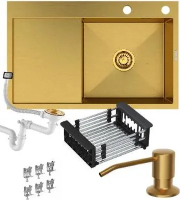 Produktbild von Granitan | Stahlspüle - Spülbecken 1-Kammer - 77,8x48,8 cm - Rechteckig - Gold - mit Siphon - mit Zubehörset - Bari