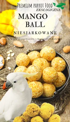 A white cockatoo is shown next to a bowl of mango balls and some loose mango balls on a burlap-like surface, with a mango in the background. Text overlays indicate it's premium parrot food.
