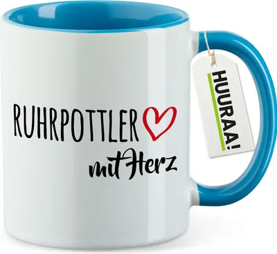 Produktbild von Huuraa Kaffeetasse Ruhrpottler mit Herz 330ml Blau Keramik Kaffeebecher Geschenkidee