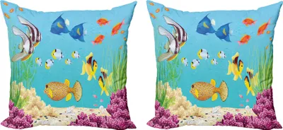 Immagine prodotto di ABAKUHAUS Set di copricuscini subacquei (2 pezzi), paesaggio subacqueo con varie piante acquatiche e pesci esotici, 60 x 60 cm, multicolore