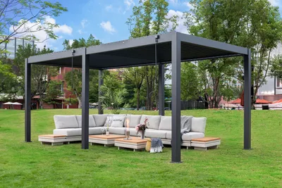 Produktbild von Pergola PLUS Aluminium freistehend | 3 x 6 M | Lamellendach anthrazit Terrassenüberdachung | Simpo Lifestyle